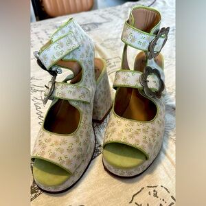 Fluevog Picnic Charleson: Daisy, White, yellow, green, Size 8